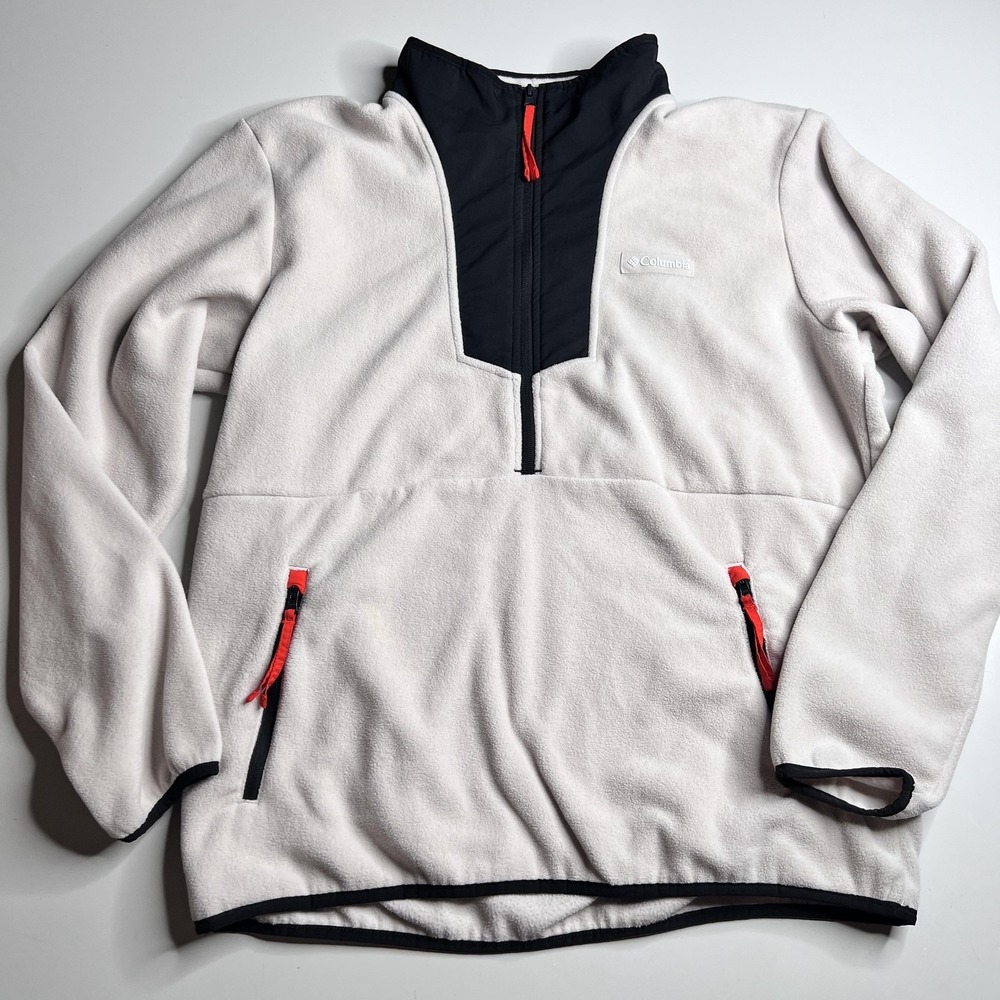 Columbia Men Fleece Pullover Quarter Zip Jacket Cream Black Large Hiking Outdoor